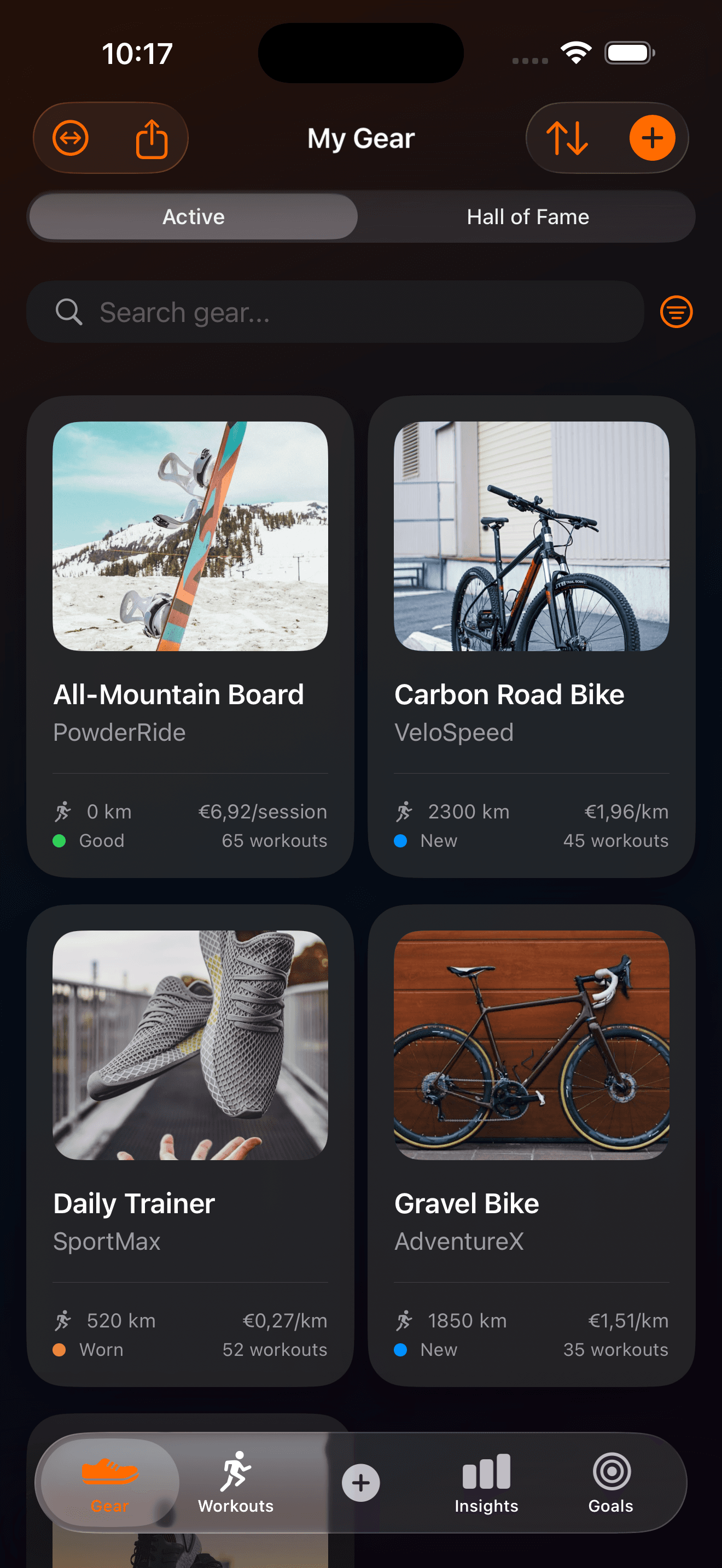 GearBro app showing gear tracking dashboard